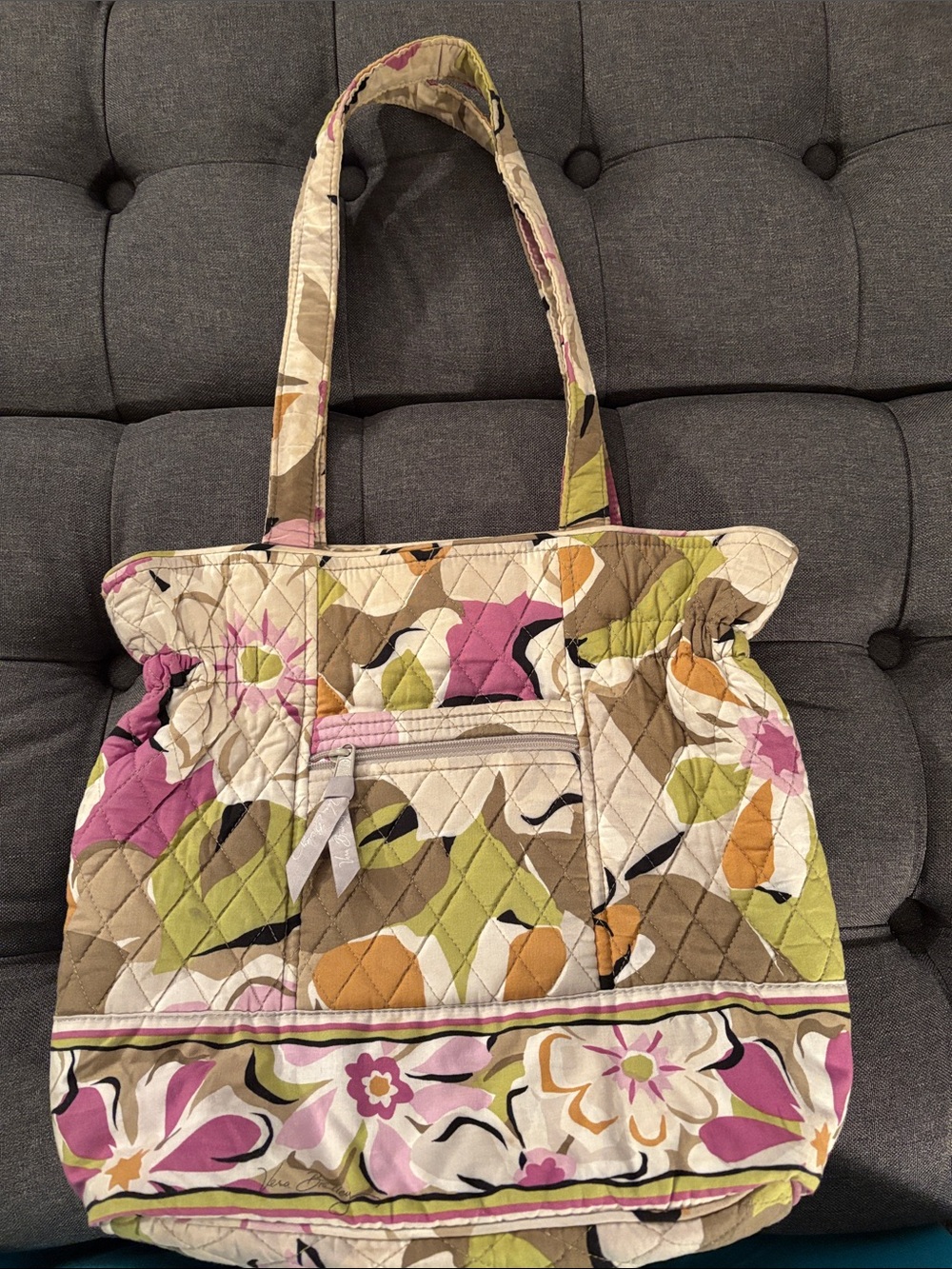Vera Bradley Quilted Floral Tote hand Bag in Lilac, Black, cream, Green & Brown